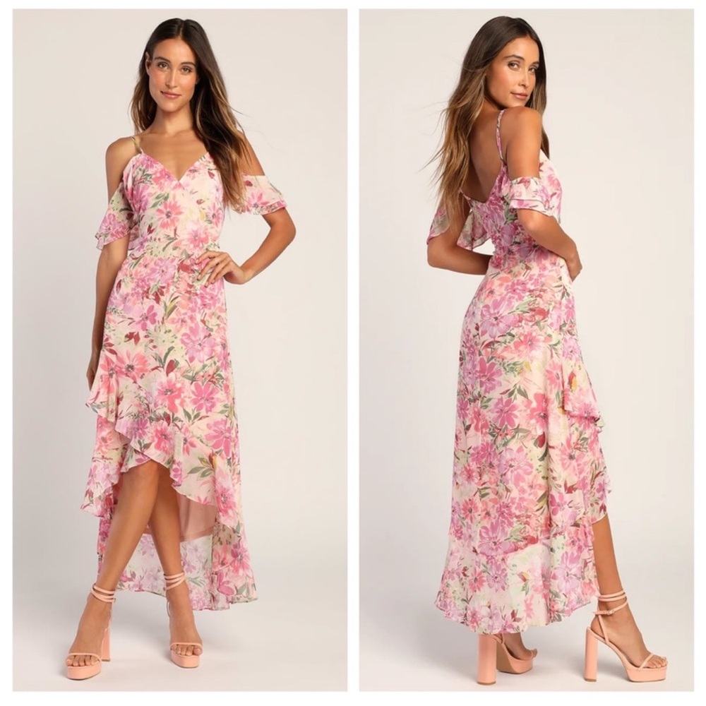 Lulus Watch‎ Me Grow Pink Floral Print Cold-Shoulder High-Low Dress L